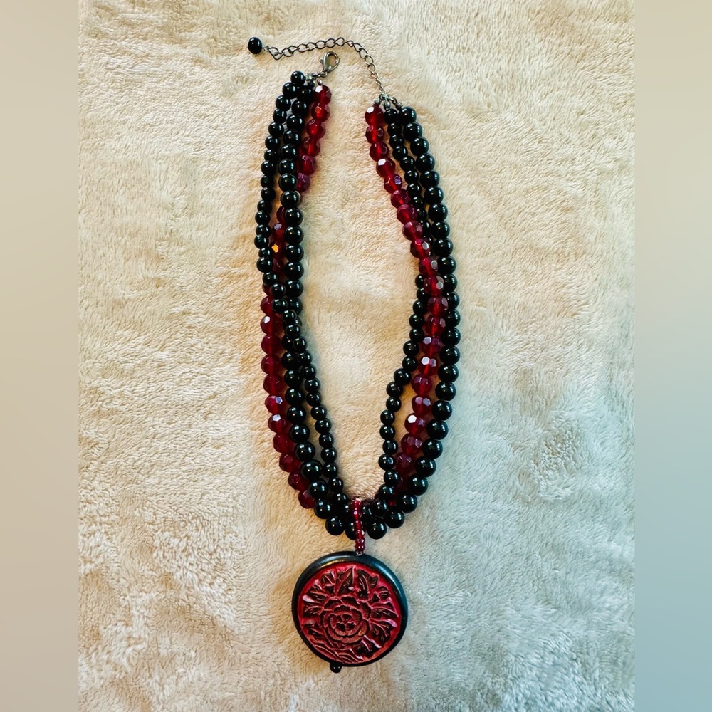 Vintage Black and Red Carved Wood Medallion and Beaded Necklace
